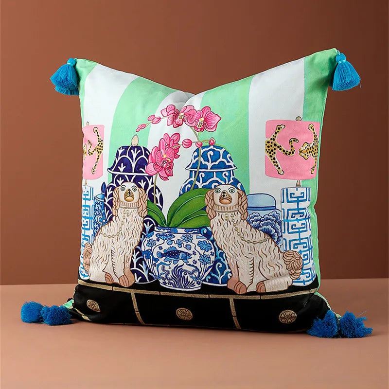 Luxury velvet animal cushion cover with tassels.