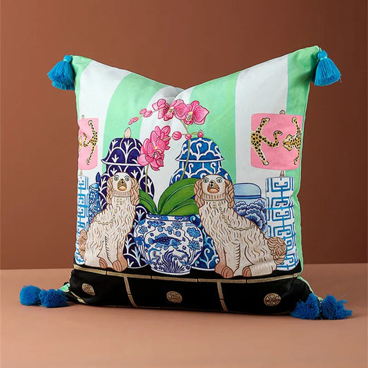 Luxury velvet animal cushion cover with tassels.