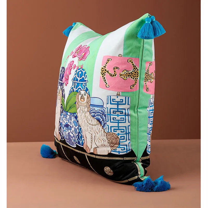 Artistic animal-themed velvet cushion cover handmade.