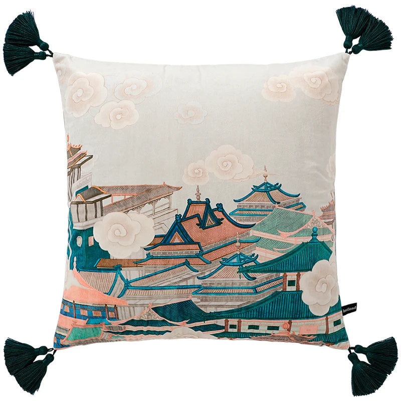 Teal sky temple design velvet pillow cover for home décor.
