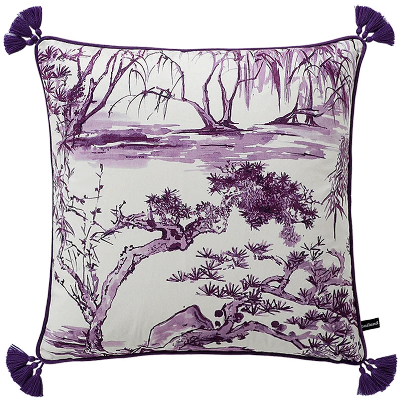 Lavender zen landscape printed velvet cushion cover.
