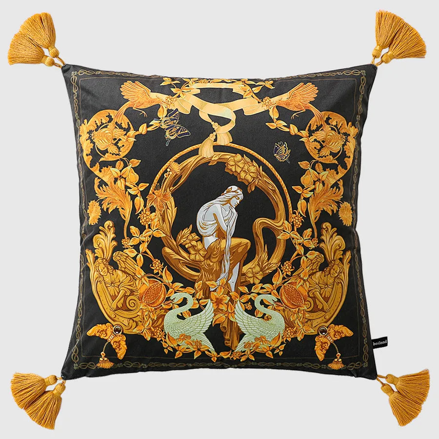 Golden mythic muse velvet pillowcase with tassel corners.