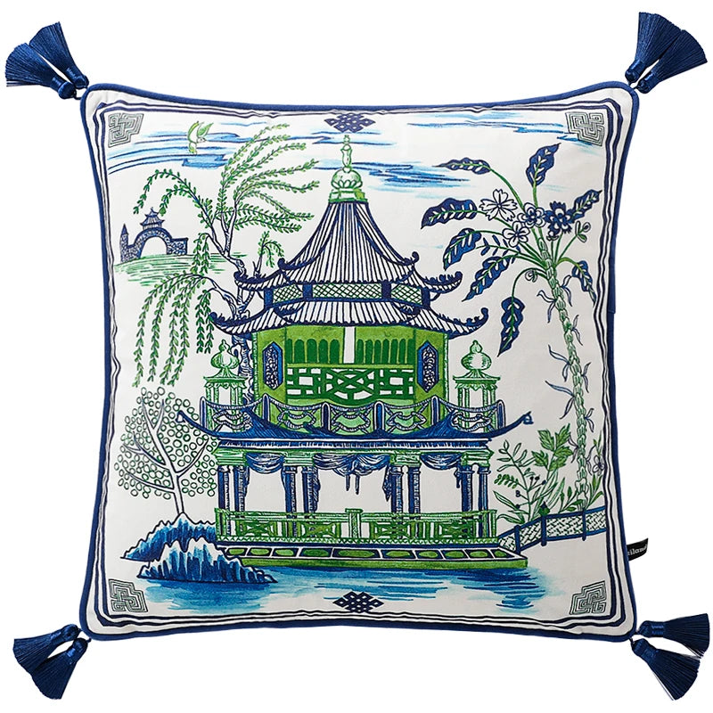 Oriental garden pavilion velvet pillow with tassel edges.