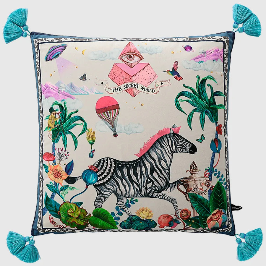 Secret world zebra velvet cushion for elegant living rooms.