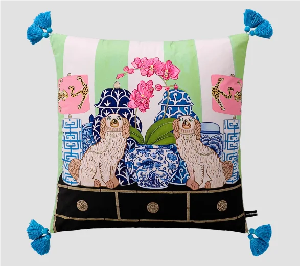 Green twin dog vase velvet cushion with artistic print.