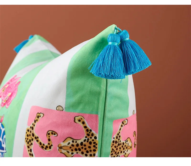 Handcrafted velvet pillowcase with vintage animal artwork.