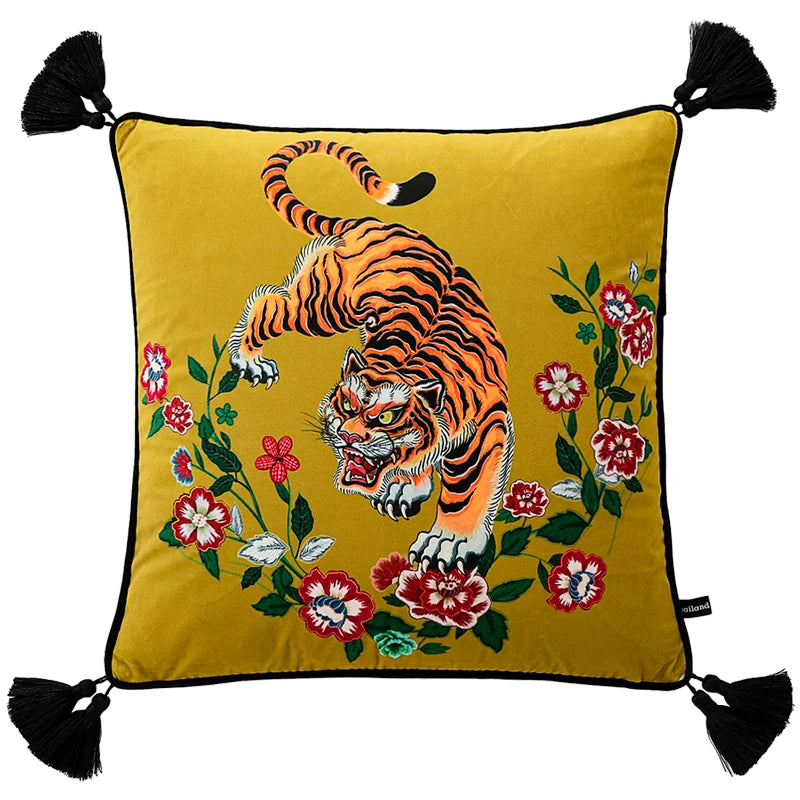 Golden floral tiger velvet pillow cover for modern interiors.