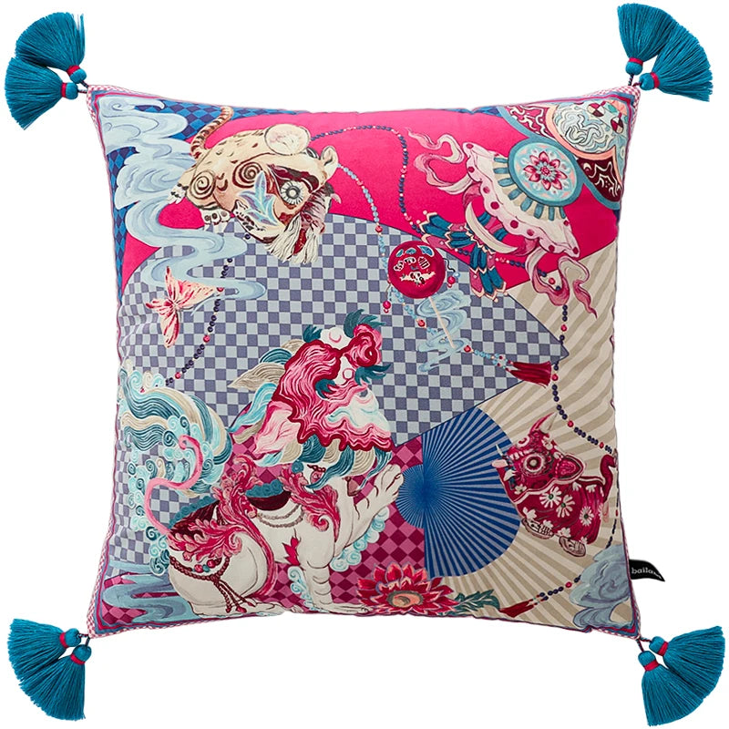 Oriental dragon dance velvet cushion with golden accents.