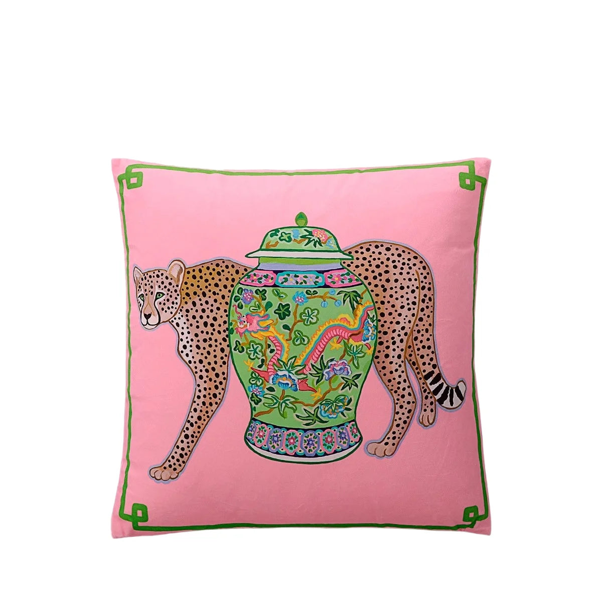 Handcrafted decorative pillowcase with exotic wildlife theme.