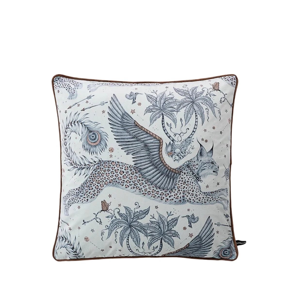 Artistic velvet throw pillow with exotic animal design.