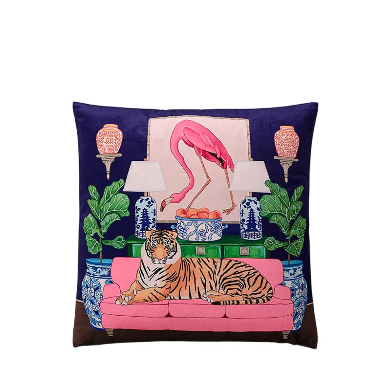 Art-style velvet pillowcase with multi-animal jungle theme.