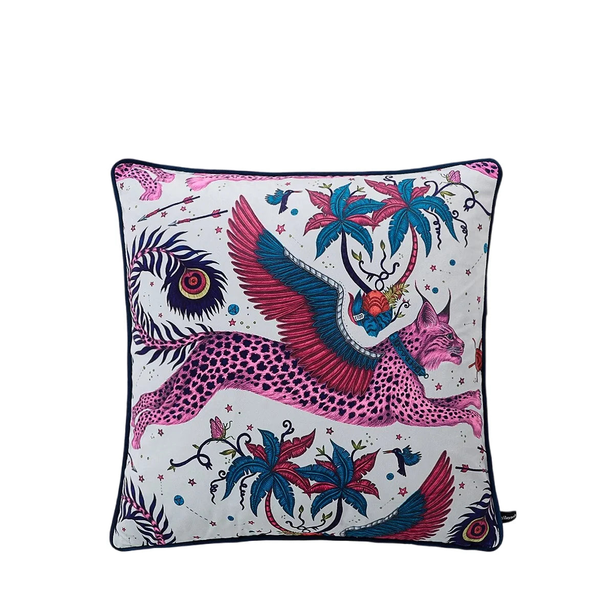 Artistic chinoiserie pillow with tropical leopard and foliage design.