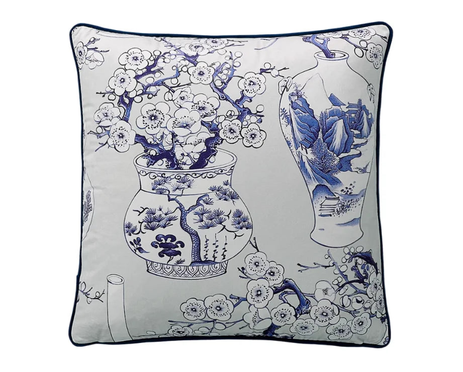 Preppy velvet pillowcase featuring hand-painted vase deocr.