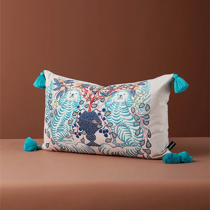 Luxury velvet rectangular cushion cover with blue tassels.