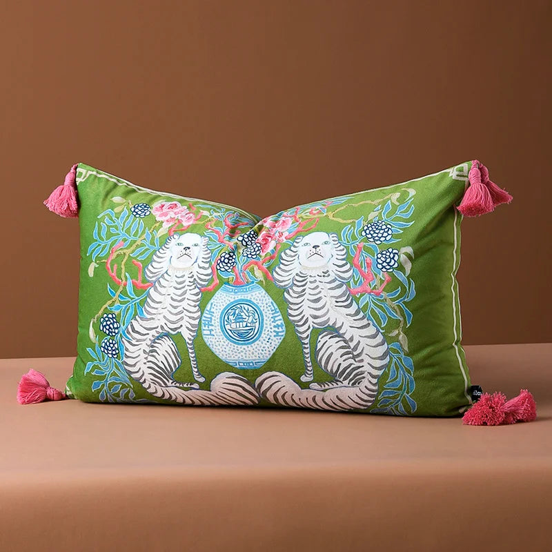Bohemian velvet rectangle pillow with detailed print.