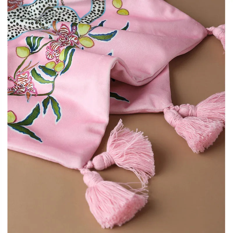 Farmhouse vintage velvet pillow cover with tassels.