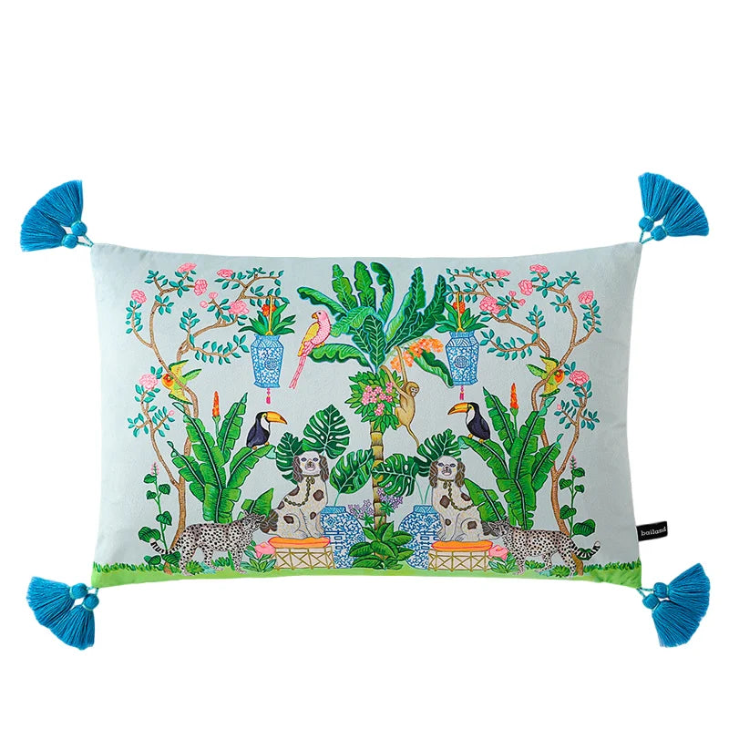 Handcrafted velvet pillowcase with tropical dog print.