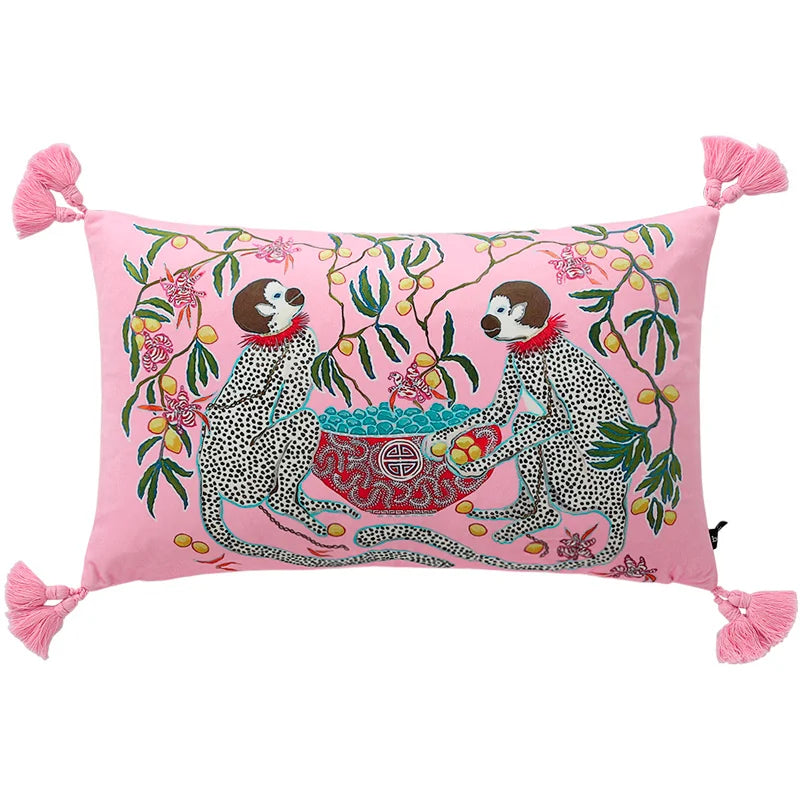 Artistic pink monkey bowl design velvet cushion cover.
