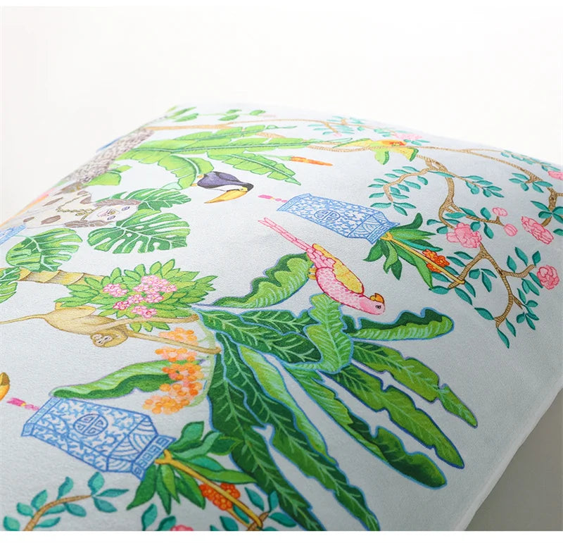 Colorful tropical velvet cushion with dog print design.