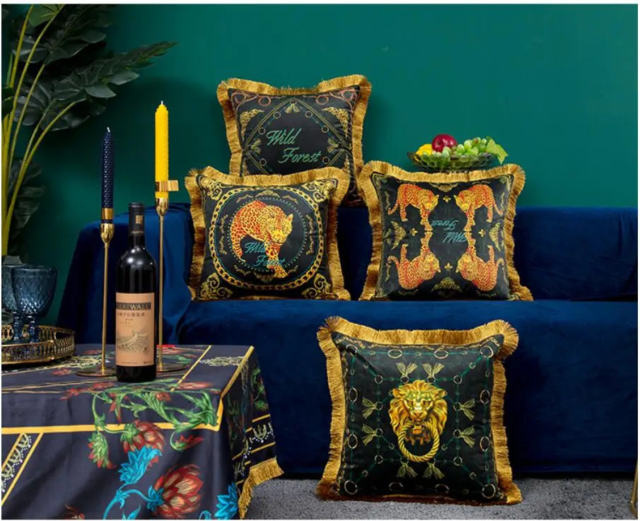 Artistic lion head pillow cover in dark emerald velvet.