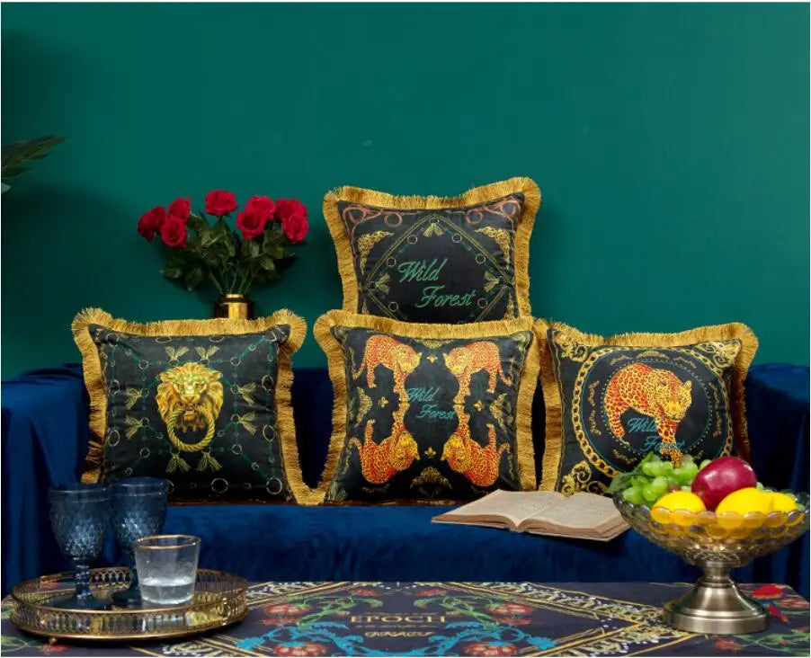 Golden leopard velvet pillow with hidden zipper.