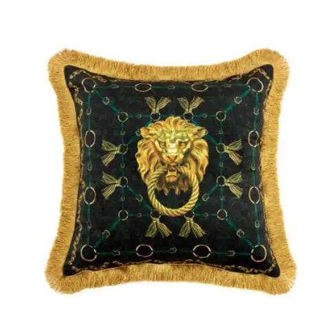 Black and gold lion head pillow cover in luxury velvet fabric.