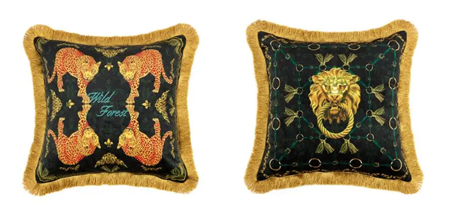 Golden lion decorative cushion cover with hidden zipper.