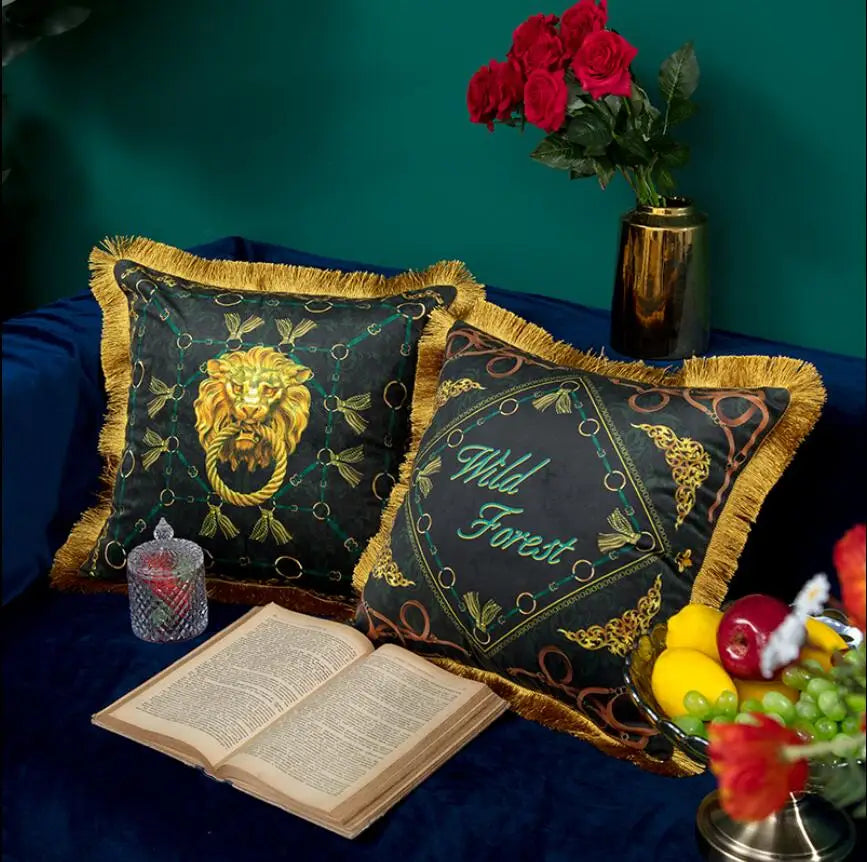 Luxury tassel velvet cushion with bold jungle design.