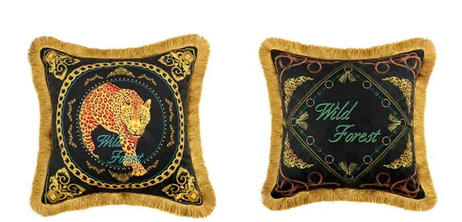 Vintage velvet gold-trimmed pillow cover with animal art.