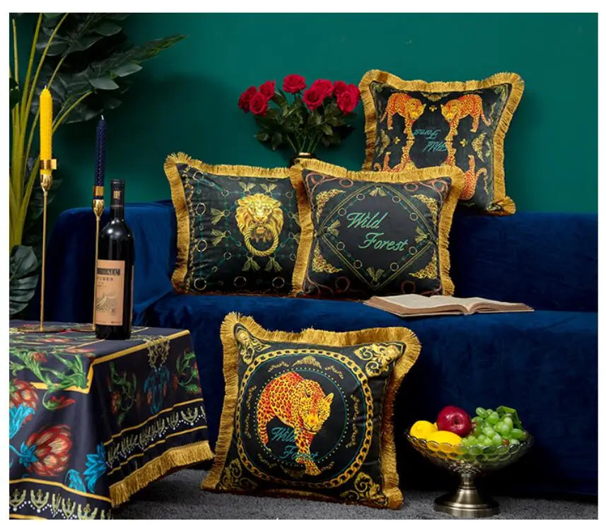 Designer square cushion cover with leopard illustration.