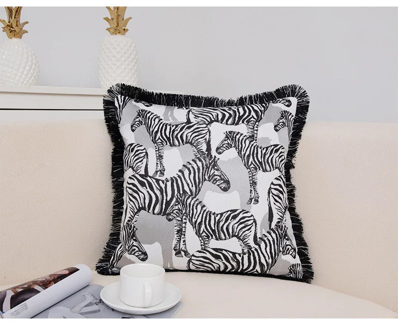 Polyester cotton zebra cushion cover with hidden zipper.