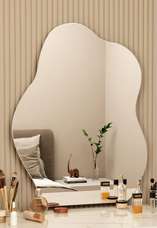 Elegant illuminated mirror with soft ambient lighting.