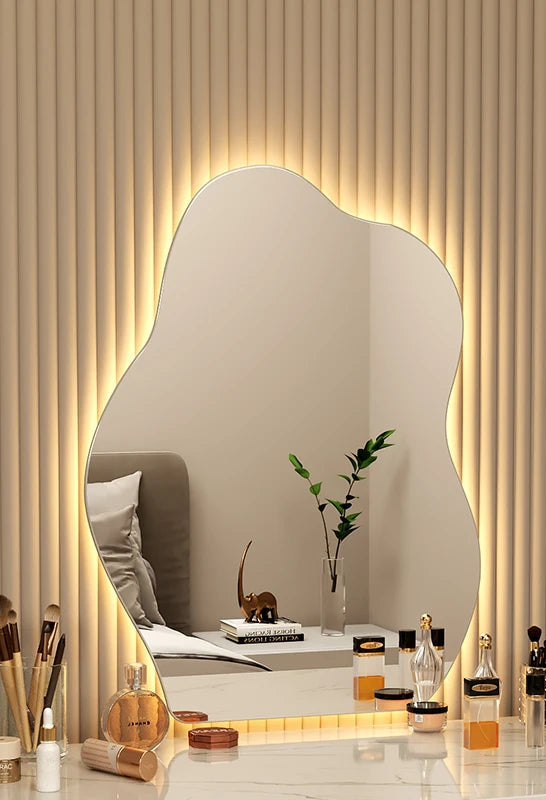 Warm white light wavy wall mirror for cozy lighting.