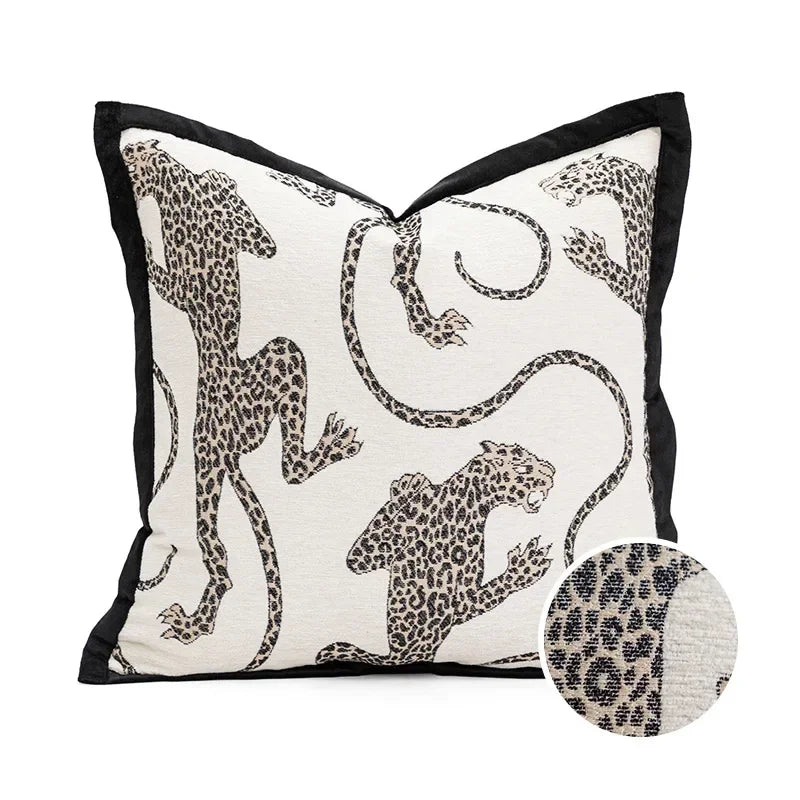 Leopard jacquard pillow cover in black and white style.