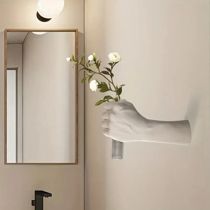 White resin hand wall vase for modern room decoration.