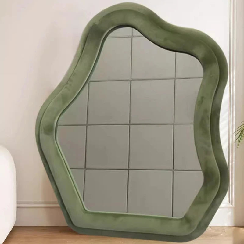 Green wavy wooden frame mirror for modern interiors.