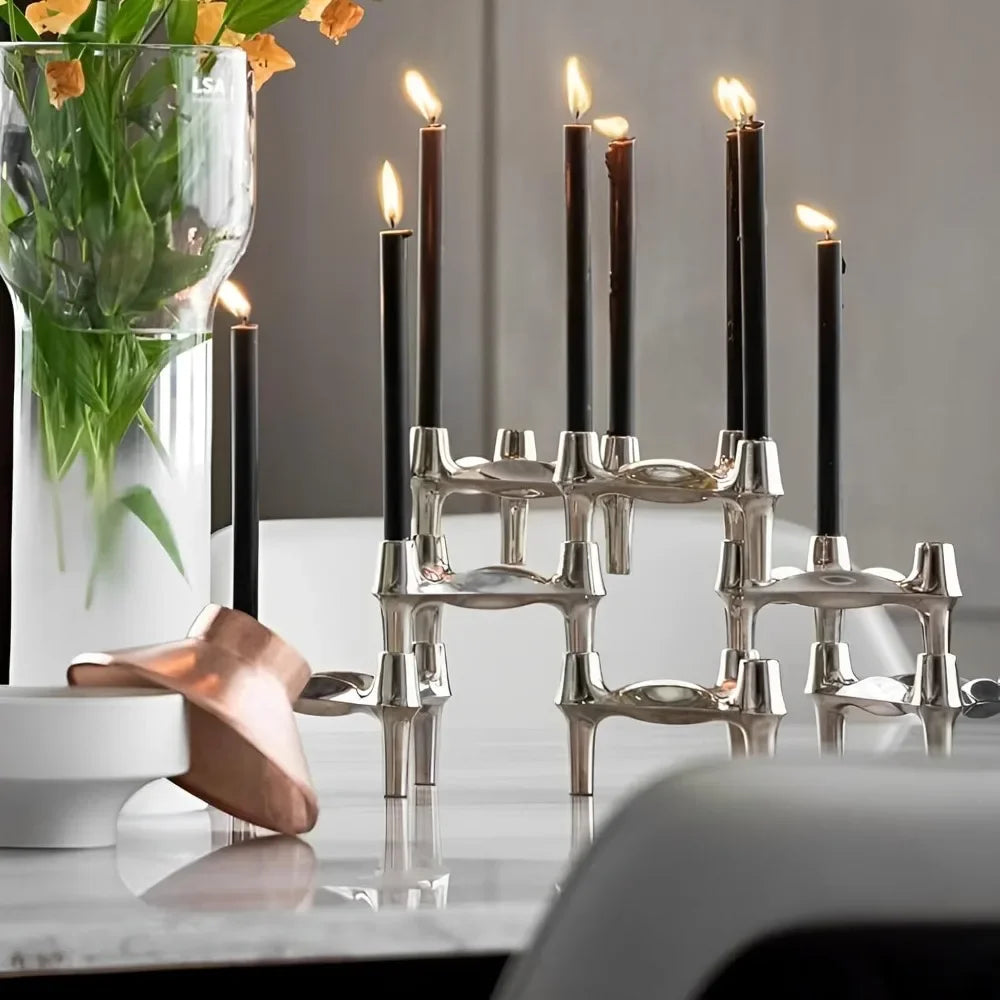 Modern molecular design silver candle holder for stick candles.