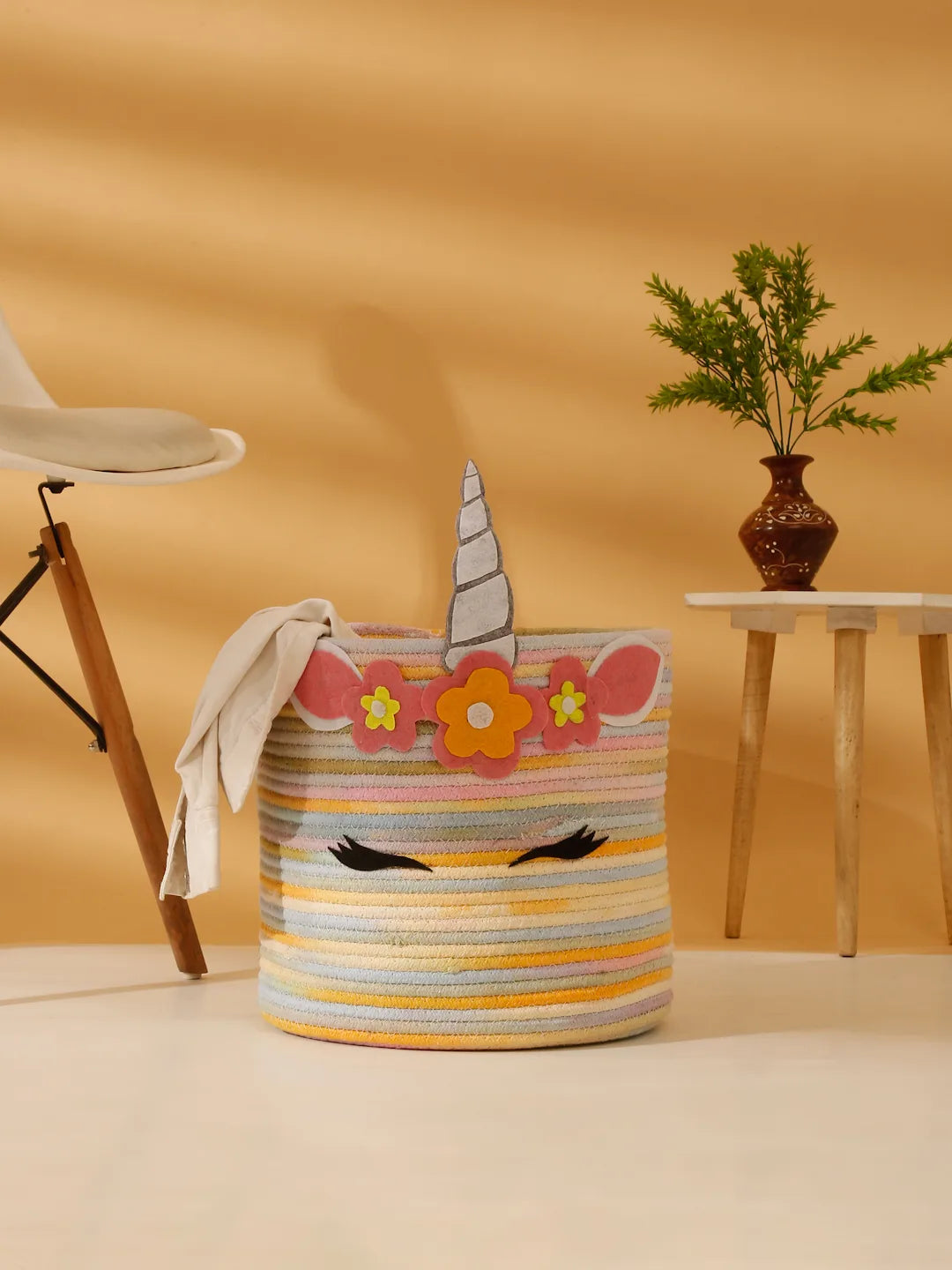 Handwoven unicorn storage basket for kids’ room
