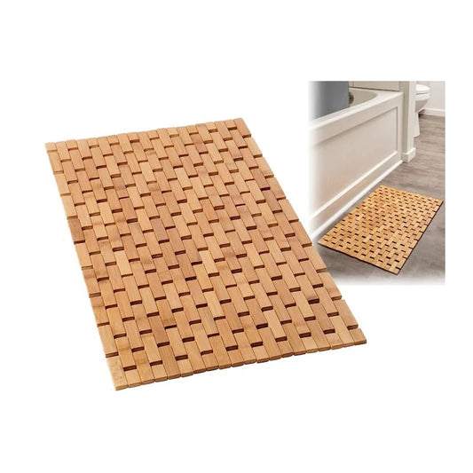 Natural bamboo bath mat for bathroom and spa use.