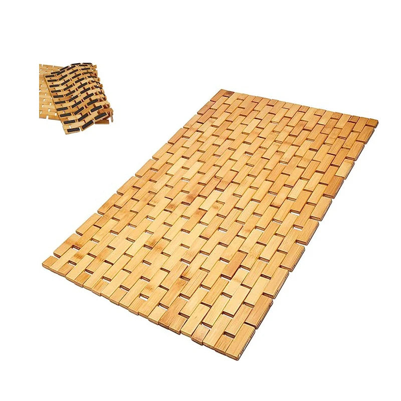 Eco-friendly bamboo wooden bath mat with non-slip base.