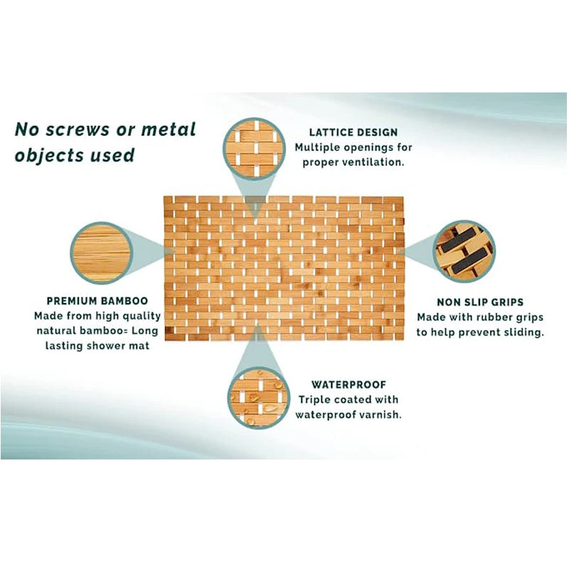 Quick-drying bamboo floor mat for shower and bath areas.