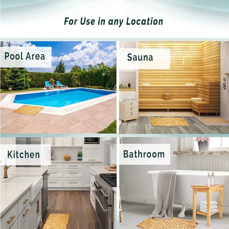 Durable bamboo bathroom mat with slatted design.