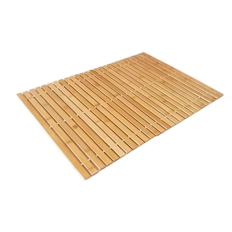 Rollable bamboo wood mat for indoor and outdoor use.