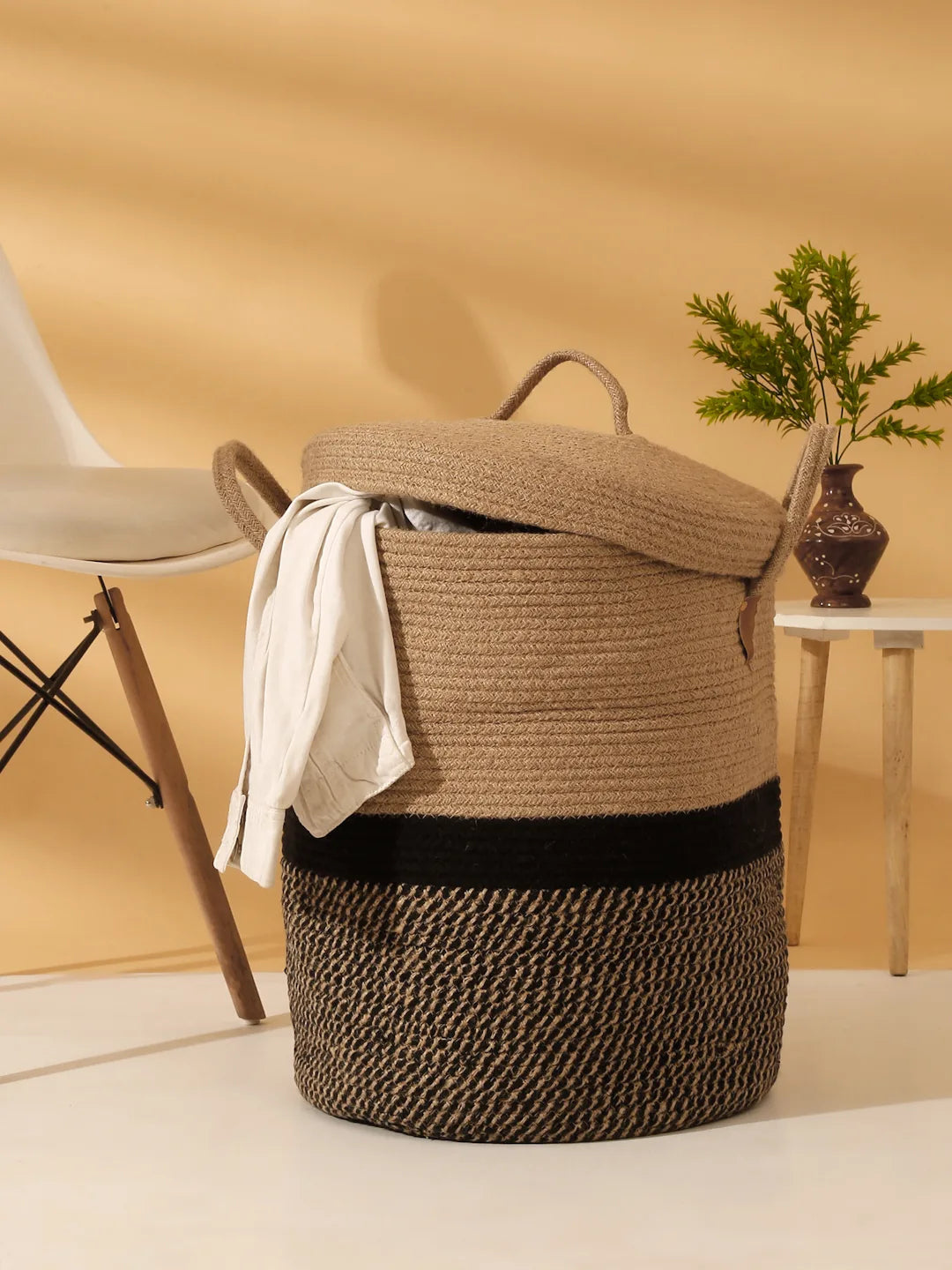Handwoven laundry basket with natural texture