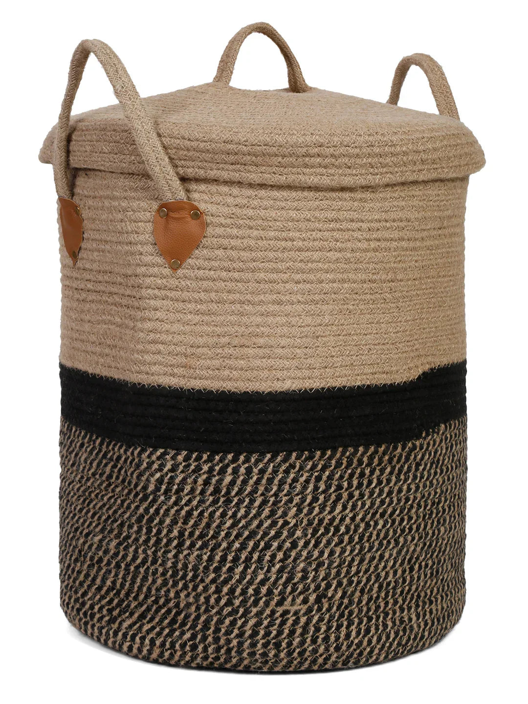 Neutral beige jute cotton laundry hamper with lid