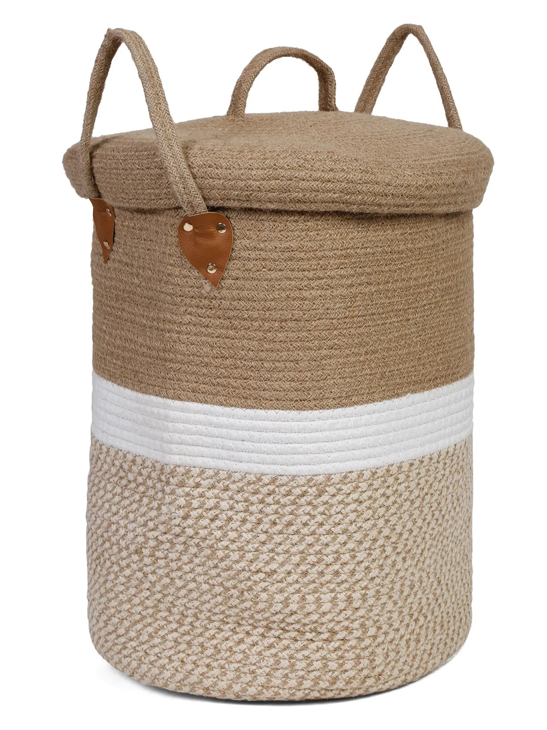 Neutral beige, brown and white striped laundry hamper