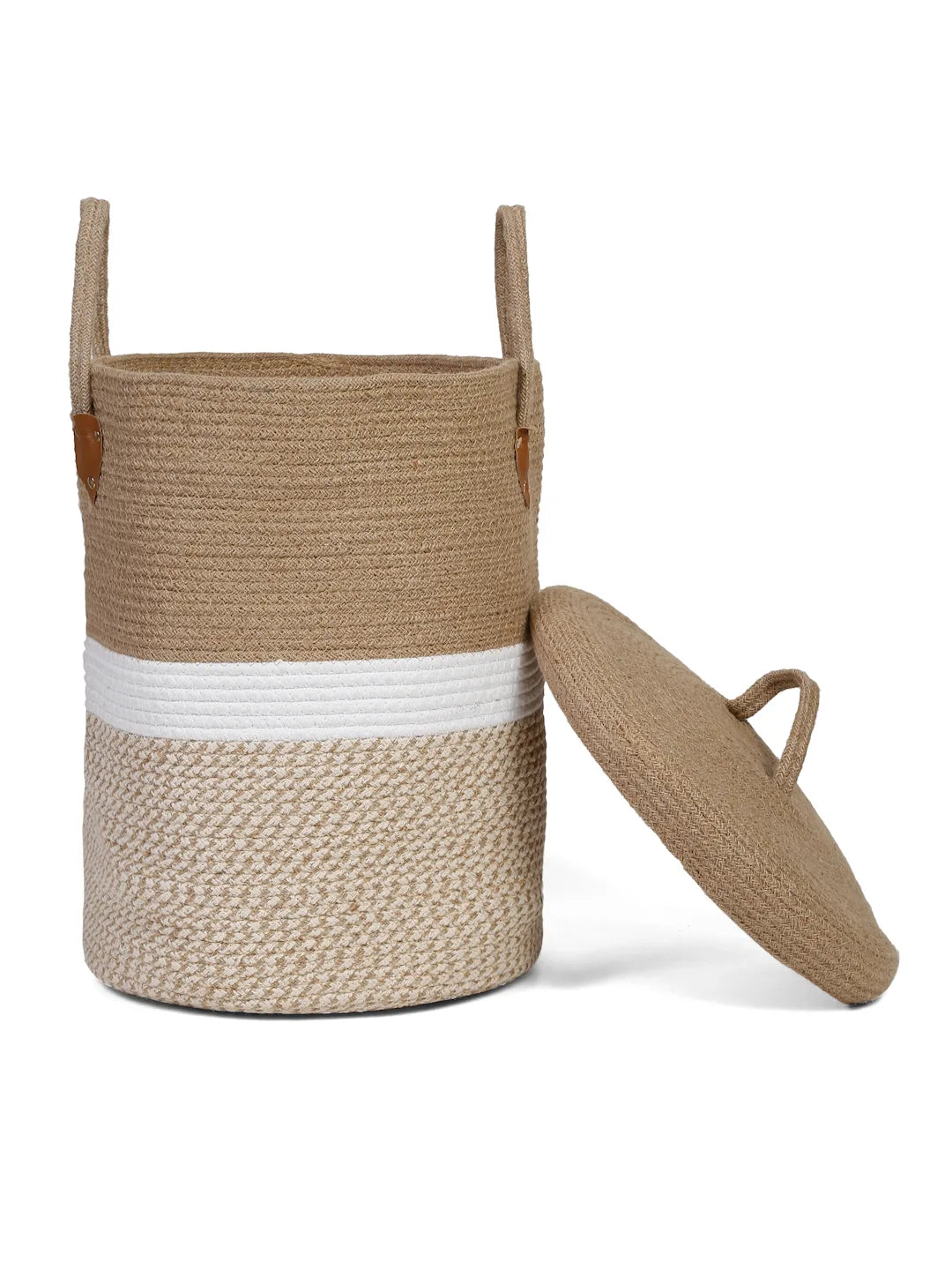 Decorative beige, brown and white stripe storage hamper for modern homes