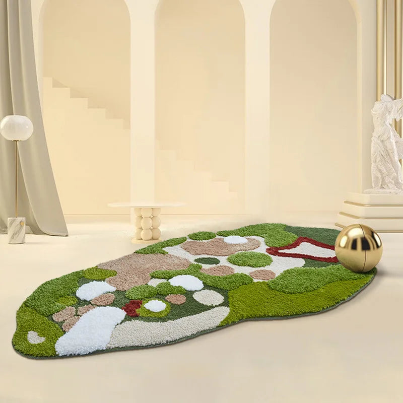 Nordic green moss tufted rug for bedroom decor.