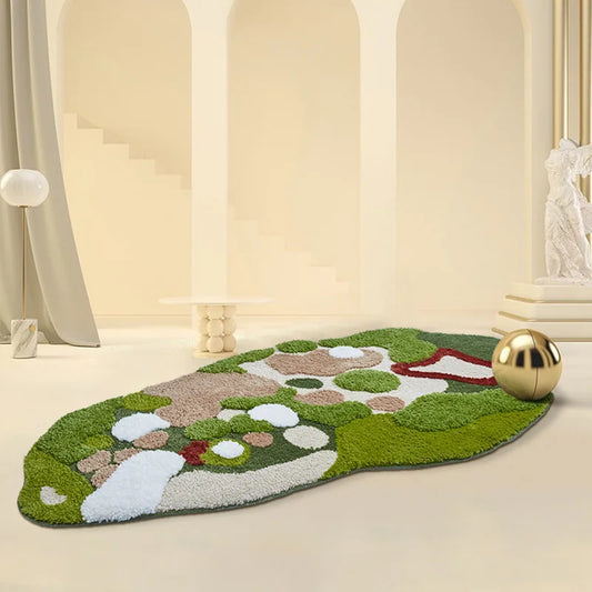 Nordic green moss tufted rug for bedroom decor.