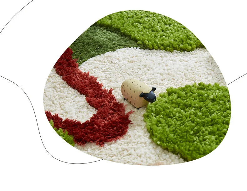 Durable moss-inspired rug for kids’ room floor décor.